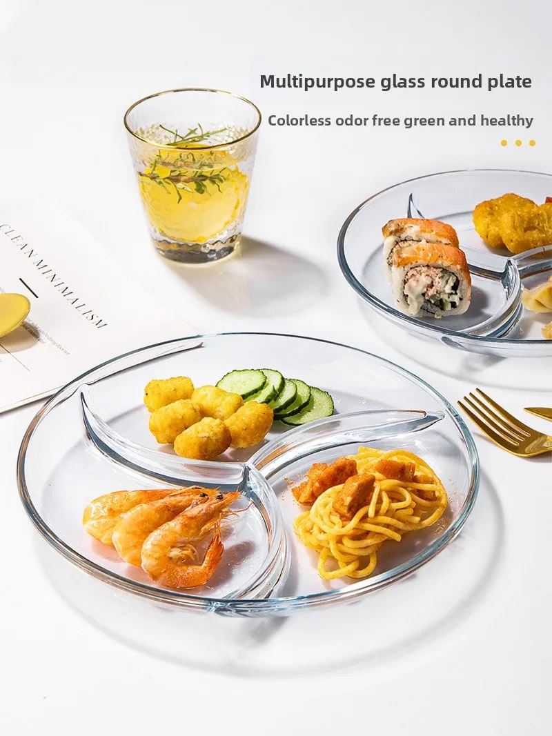 

Tempered Glass Breakfast Plate Children's Meal Di Home Use Tee-Section Dinnerware Set round ape Chinese Made