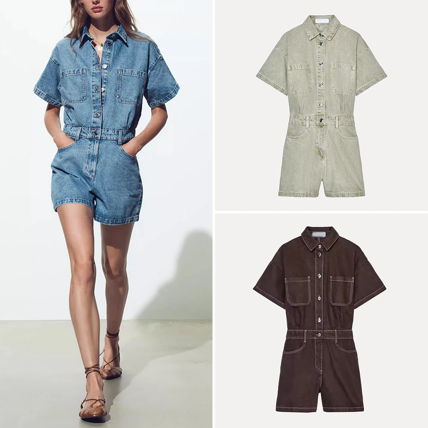 

2025 Summer New Women's Fashion Commute Versatile Short Sleeve Denim Short One-Piece Suit ZADATA High Waist Short Pant
