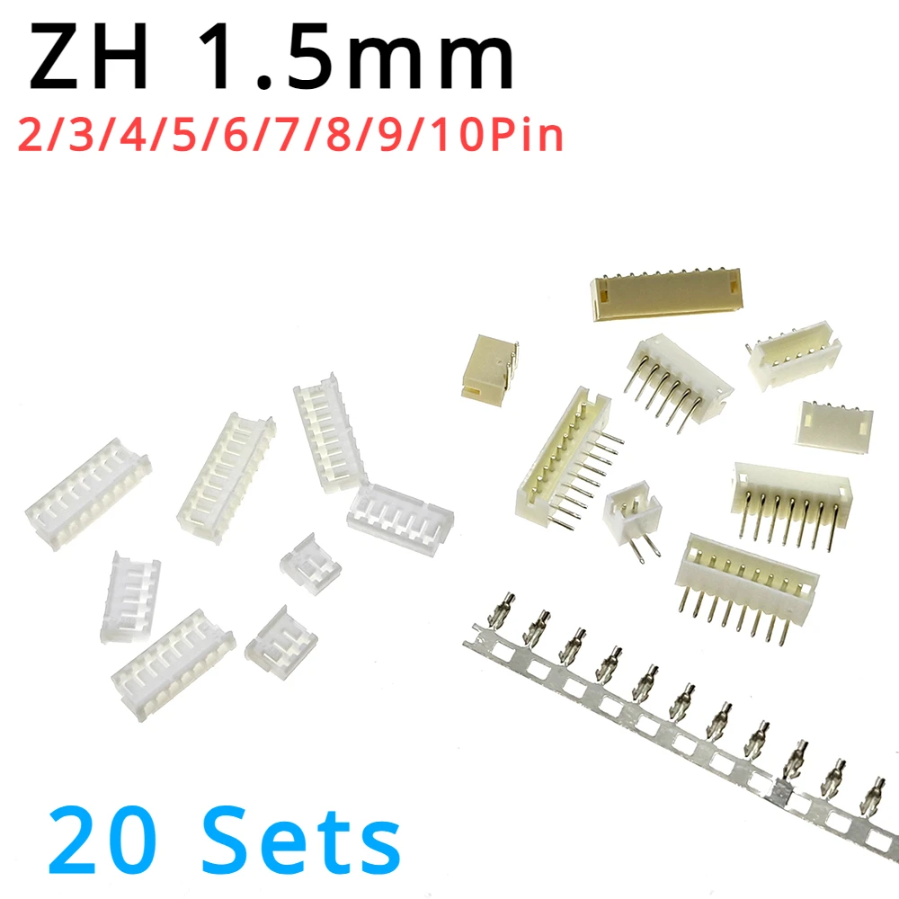 20 Sets JST ZH 1.5mm 2/3/4/5/6/7/8/9/10Pin Right Angle Pin Male, Female Connector Socket with Crimps