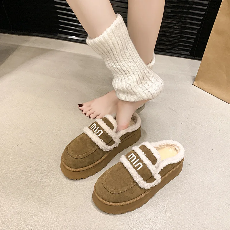 2024 Autumn and Winter New High-end Casual Style Plush Boken Single Shoes Women's Bag Head Cotton Slippers