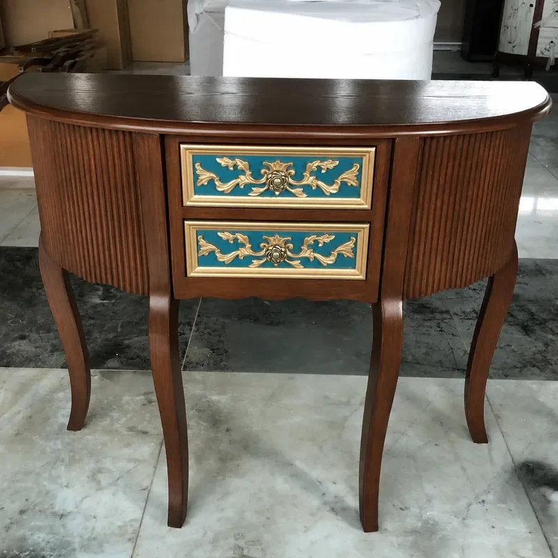 Solid Wood Carved Entrance Table Semicircular Console Cabinet Foyer Decorative Storage Platform for Hallway Home Furniture