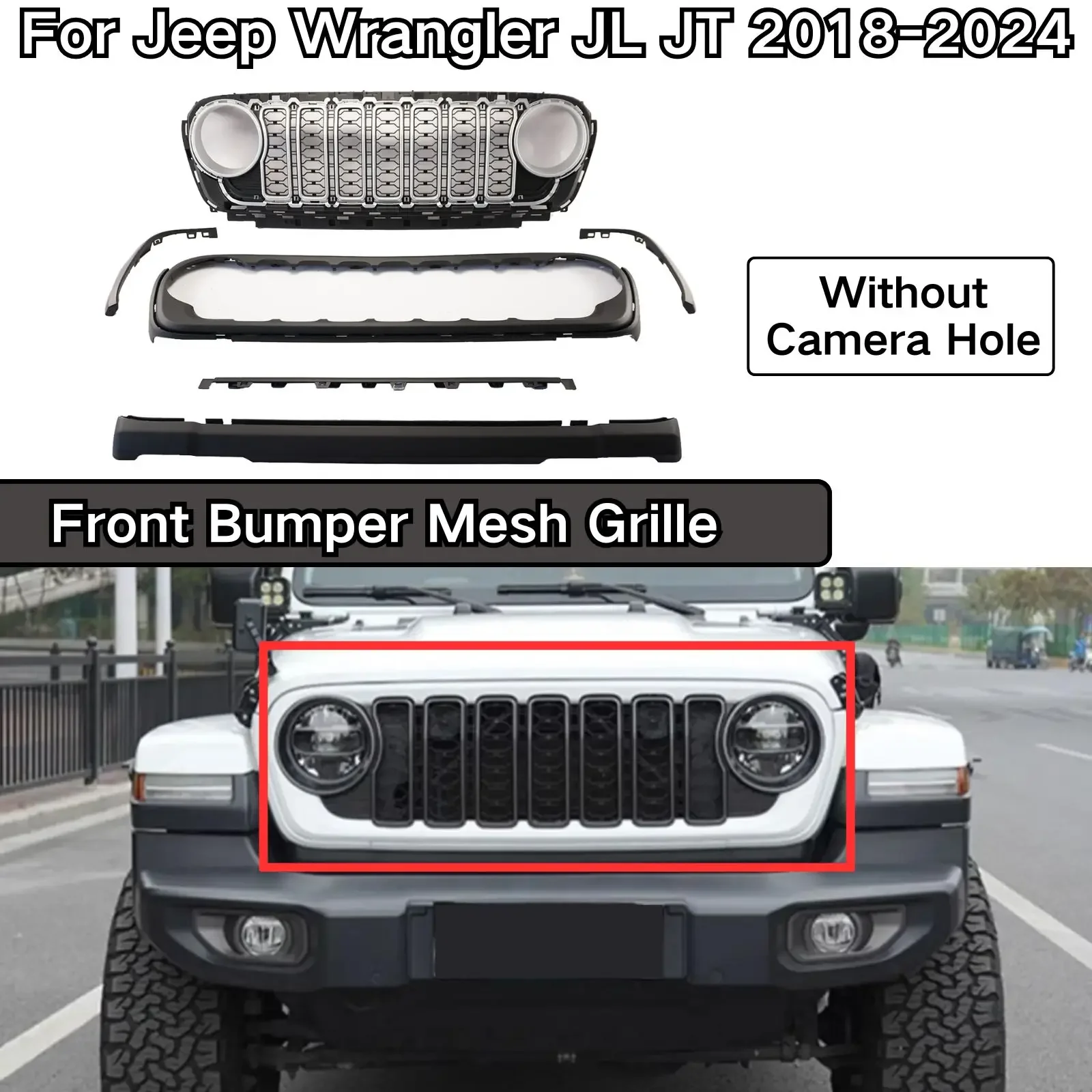 Front Bumper Mesh Grille Car For Jeep Wrangler JL JT 2018 2019-2024 External Accessories Silver Matte Black Without Camera Hole