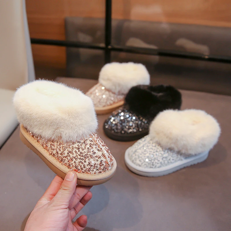 

Детская хлопковая обувь с блестками, коллекция 2026, зимняя уличная обувь для девочек, элегантная плюшевая обувь принцессы, теплые модные детские повседневные зимние сапоги, мягкие