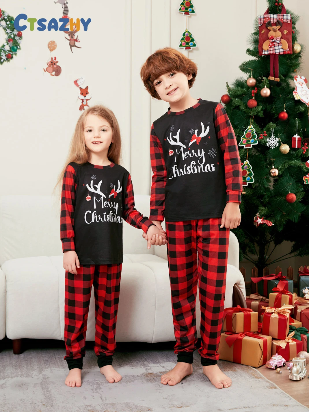 Merry Christmas Cartoon Pattern Mom Dad Kids Matching Pajamas Set 2 Pieces Suit Baby Romper Soft Loose Xmas Family Look Pyjamas