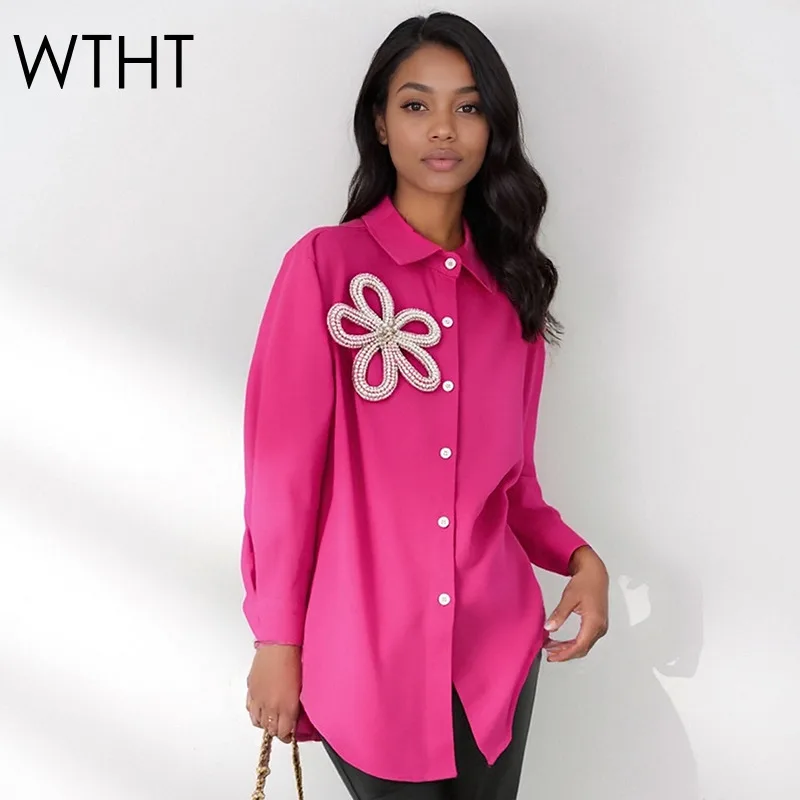 

WTHT модная новая женская свободная рубашка с цветочным принтом и бисером, осень 2022, повседневная блузка с длинными рукавами и лацканами, женская 1LS2585