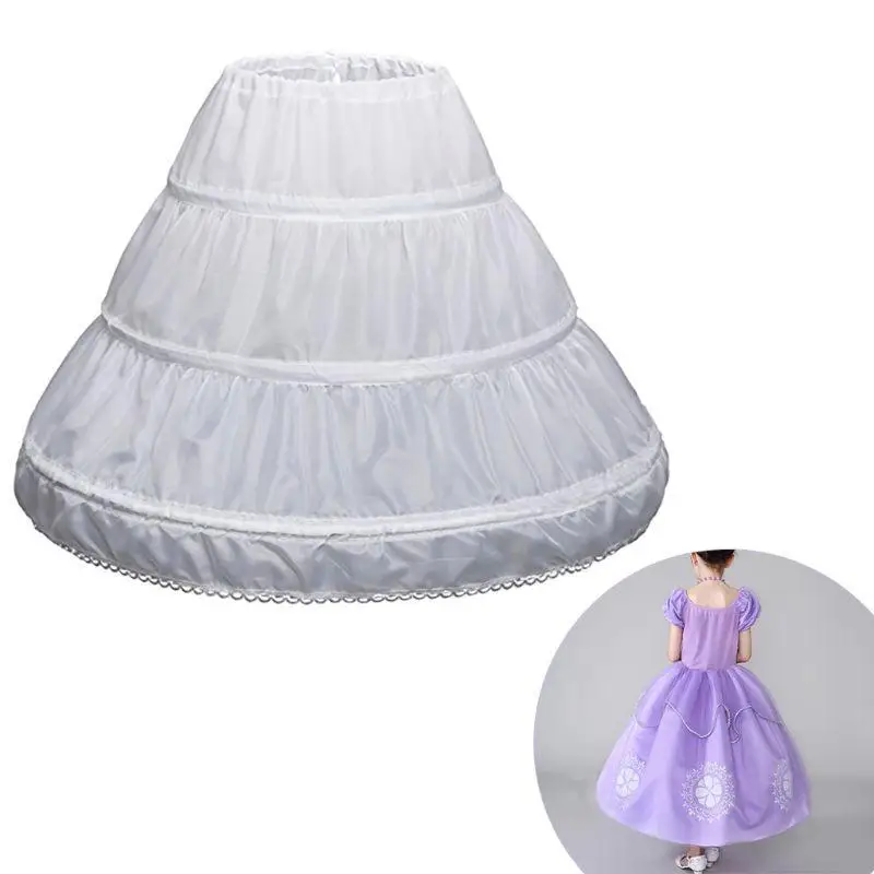 P8DB White Children Petticoat A-Line 3 Hoops Layer Kids Crinoline Lace Trim Flowe