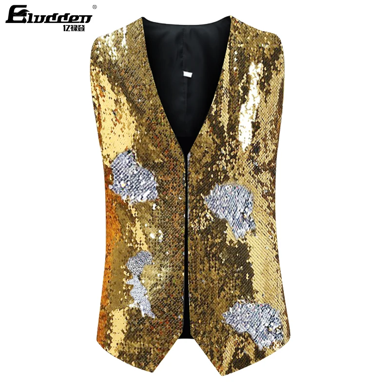 Men\'s Dress Suit Jacket Vest Double-Sided Color Sequins Tux Party Show Waistcoat Double-Sided Two Colors Sequins Waistcoat Vest