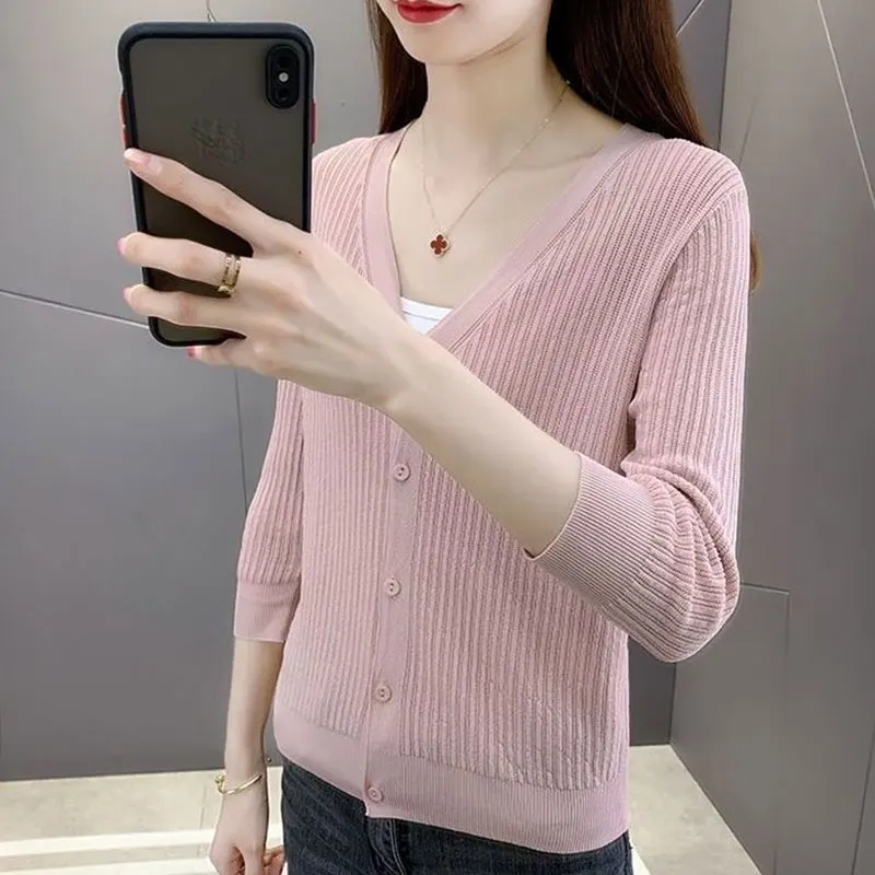 Women Summer Casual Simplicity Solid Color V-neck Long Sleeve Knitwear Women Clothes Fashion Office Lady Elegant All-match Tops