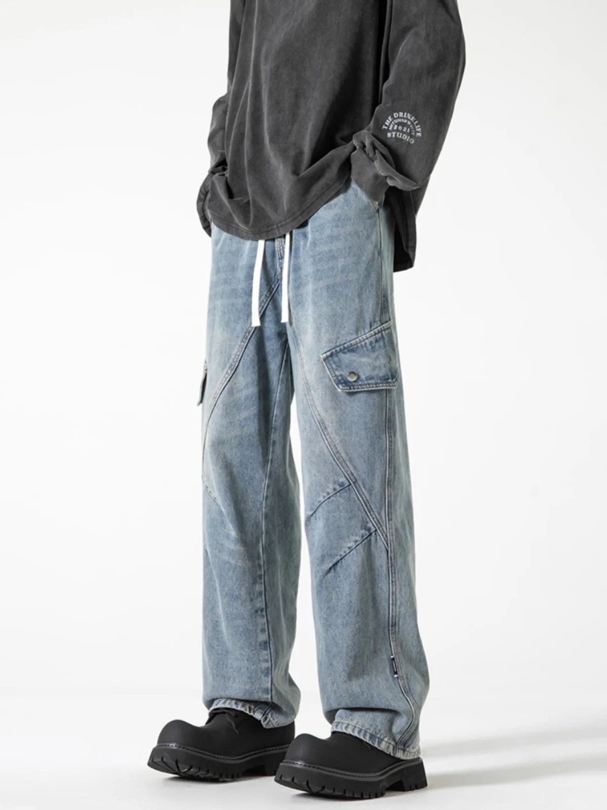 

Мужские джинсы в стиле ретро, американские синие джинсы, прямые широкие брюки, осенние, с эффектом потертости, уникальный дизайн, повседневные, молодежные, трендовые, износостойкие