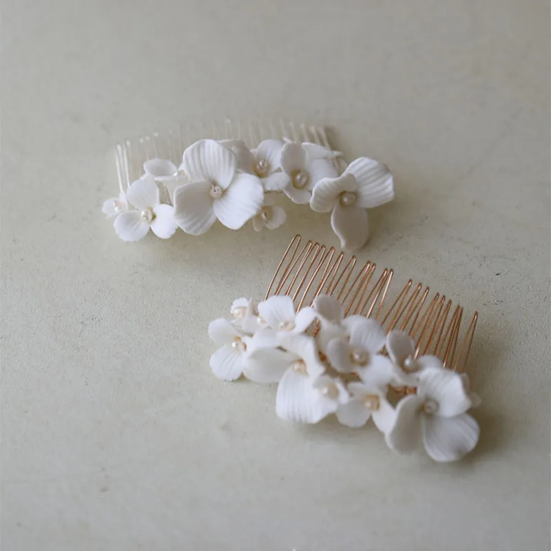 White Ceramic Floral Bridal Comb Freshwater Pearls Wedding Hair Piece Gold Silver Color Handmade Women Headpiece