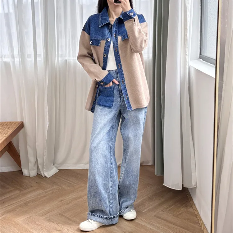 High-End Version European Sle Women's Denim Jaet Color Blo Collar Stand up Top Vintage ort Outerwear
