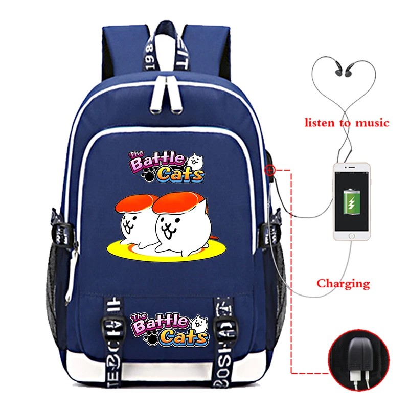 Tas sekolah Game The Battle Cats dengan Port pengisi daya USB tas punggung Laptop tas buku tahan air pelajar laki-laki perempuan bepergian