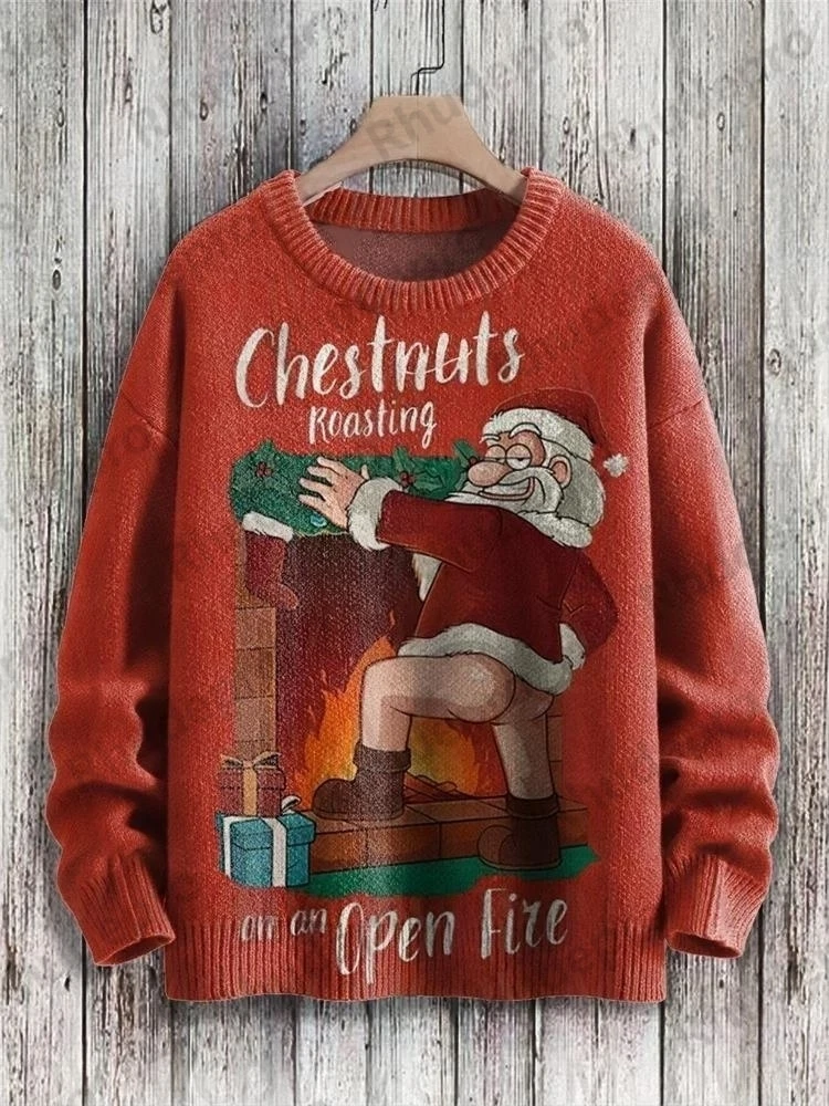 2027 Christmas Cute Santa Chestnuts Roasting On An Open Fire Art Pattern Print Casual Knit Pullover Sweater