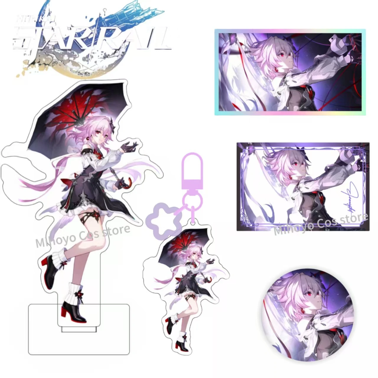 

Honkai Star Rail Evernight Collectible Set - Double-Layered Glitter Badge, Acrylic Standee, Colored Paper & Quicksand Pendant,