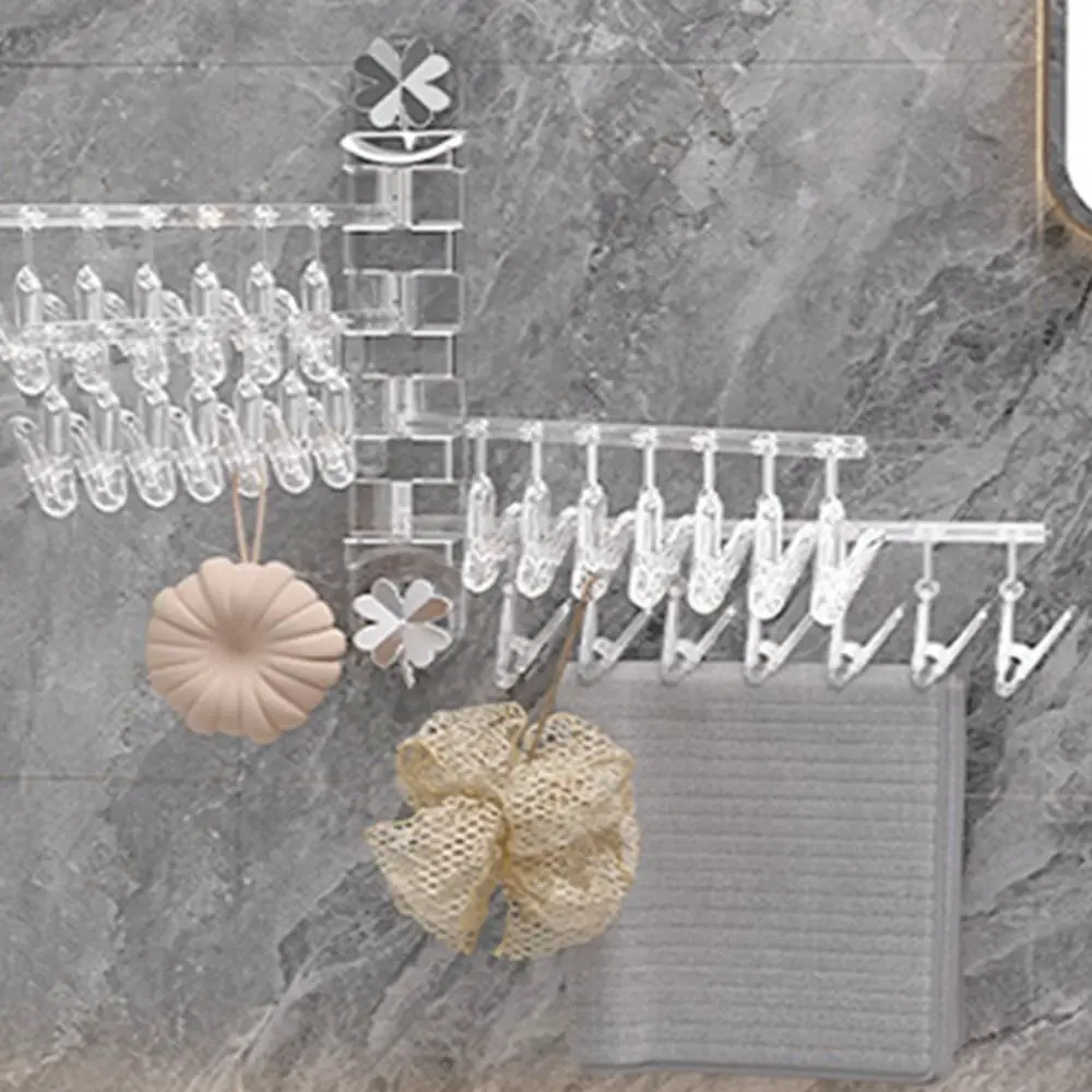 

2/4 Rods Suction Cup Sock Clip Wall Mount Windproof Wall Mounted Towel Rack 14/28 Clips Space Saving Foldable Socks Hanger