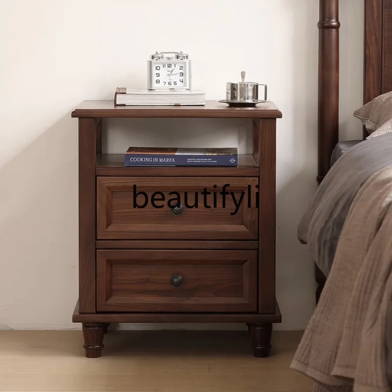 

Solid Wood Simple Retro Bedside Table Storage Cabinet Black Walnut Light Luxury Organizer