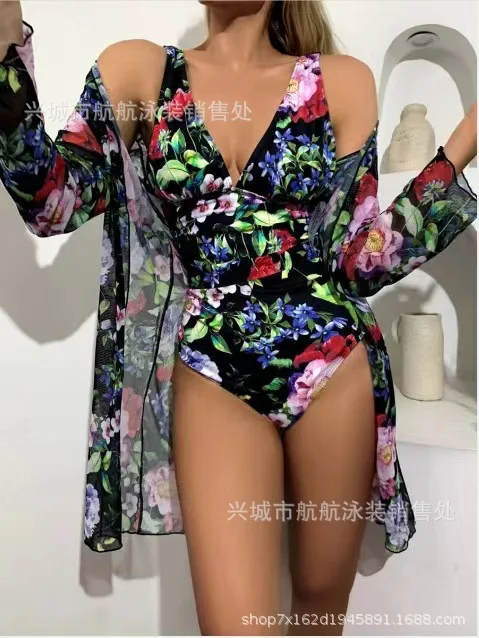 Новинка 2025 года, блузка с длинными рукавами, бикини, цельный облегающий купальник с v-образным вырезом и цветочным принтом, женский купальник со сборкой с открытой спиной