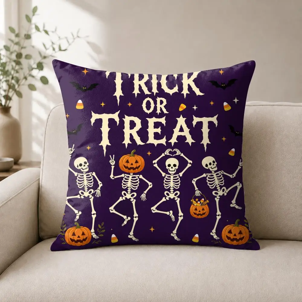 Halloween Dancing Skeleton Cushion Cover Luxury Soft Plush Short Fur Cushion Case Warm Cozy Sofa Bed Decorative Home