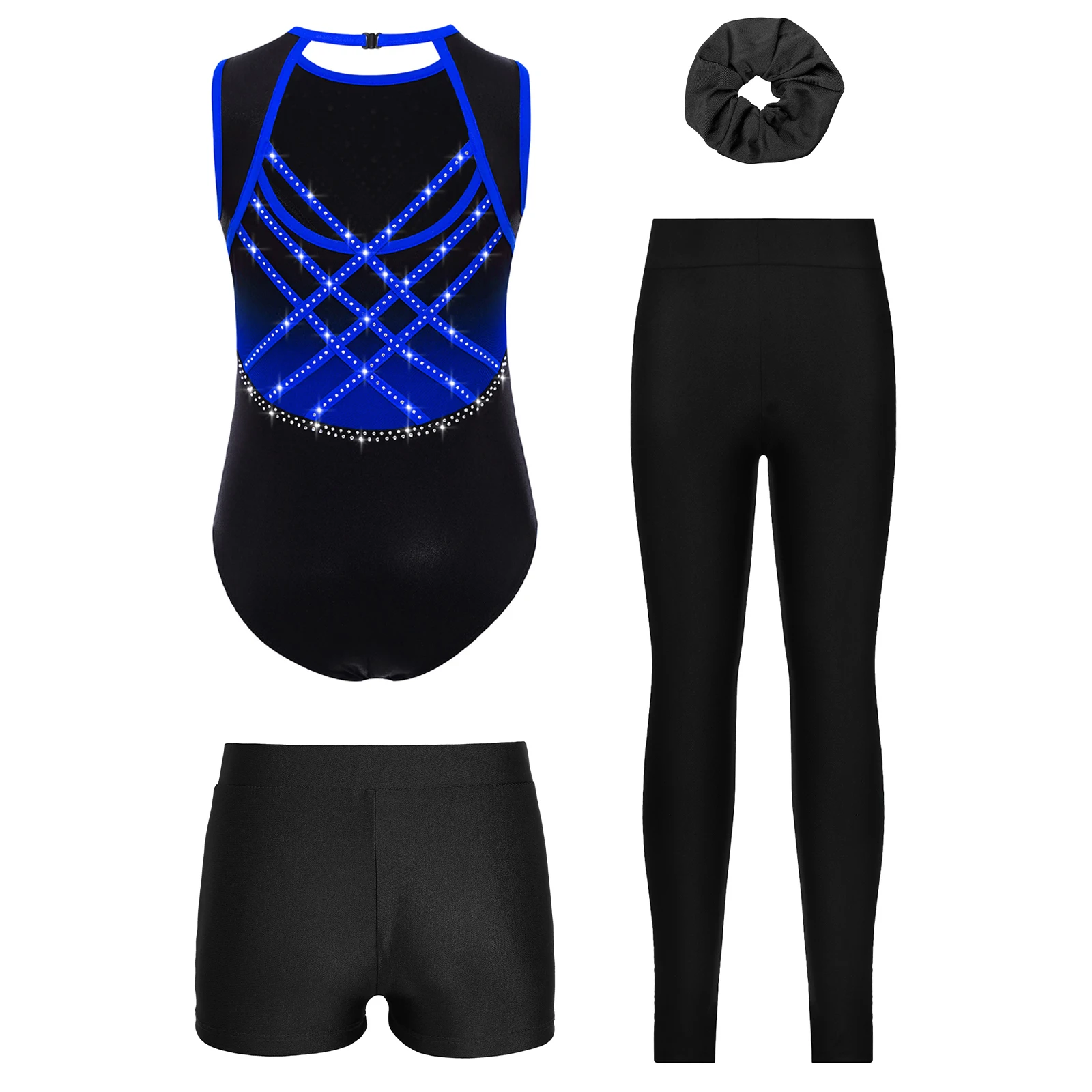 4Pcs Girls Gymnastics Figure Skating Dance Leotard Metallic Shiny Rhinestones Crisscross Back Bodysuit+Shorts+Leggings+Headwear