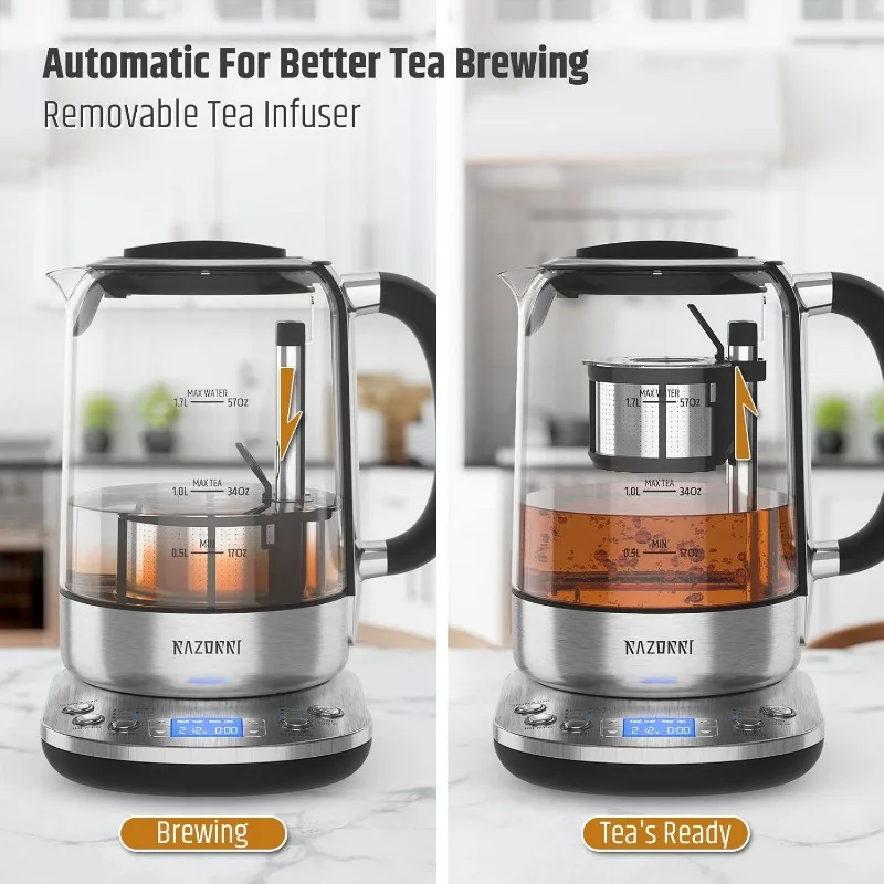 Razorri Electric Tea Maker 1.7L con infusore automatico per la preparazione del tè, bollitore in vetro in acciaio inossidabile, preimpostazioni per 5 tipi di tè