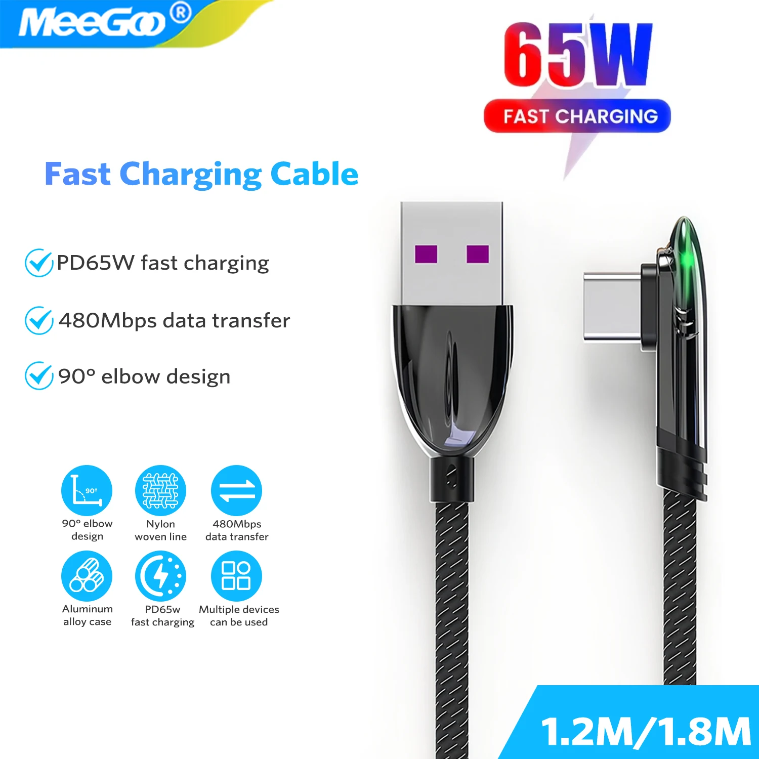 MeeGoo PD65W USB-C auf USB-C Kabel 90 Grad für iPhone 16 15 Pro iPad Xiaomi Samsung Huawei Schnelllade-Gaming-Kabel 2026
