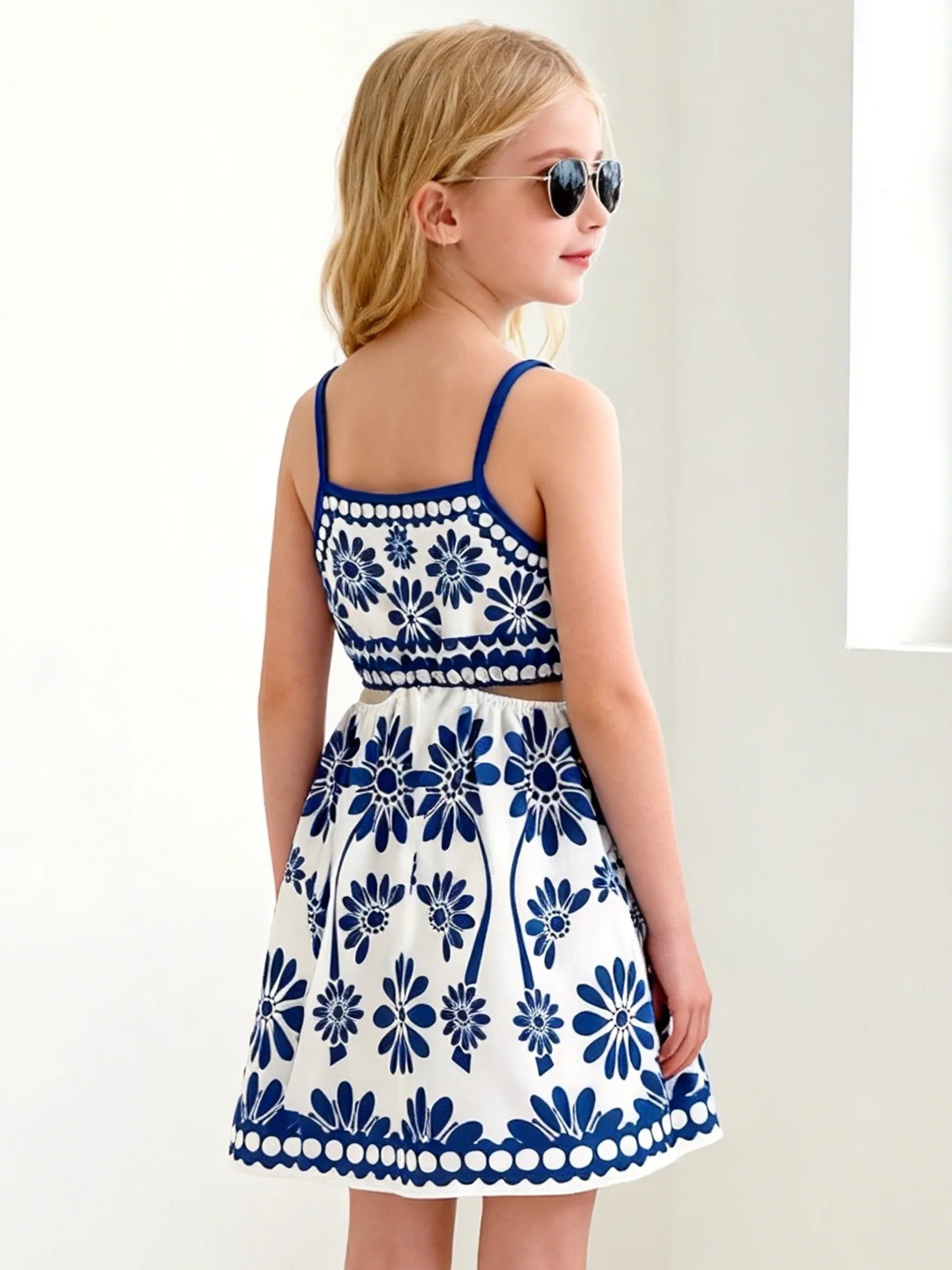 Girls 1-Piece Cutout Sundress, Blue Geometric Floral Print Adjustable Spaghetti Strap Backless Waist Hollow A-Line Kids Dress