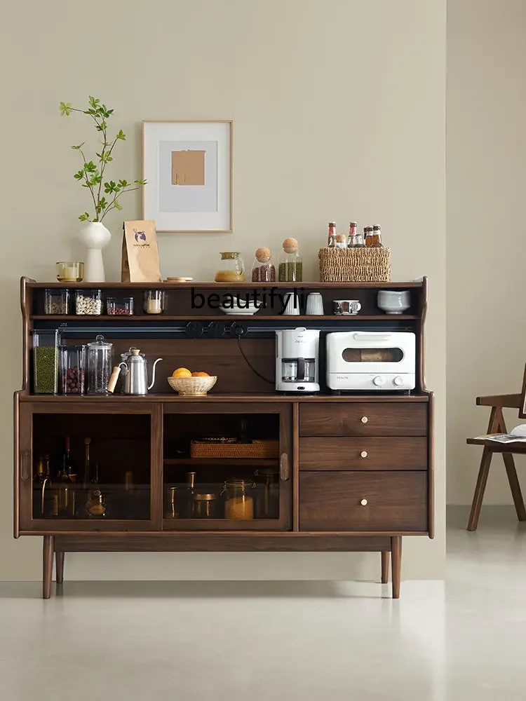 Nordic  Modern Solid Wood Sideboard Japanese Style Black Walnut Color Living Room Storage Wine Cabinet Tea Cabinet Bowl CabinetA