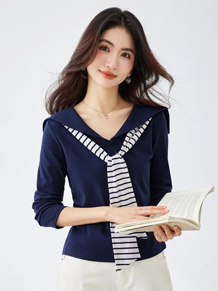 Camiseta de manga larga con cuello marinero para mujer, ropa interior con detalle de lazo a rayas, tacto de alta gama, mezcla de algodón tejido para primavera