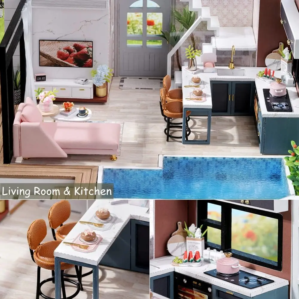 DIY Miniature Dollhouse Kit with Furniture, 1:24 Scale Large Garden Villa Wooden Doll House Accessories Plus Dust Proof & Music