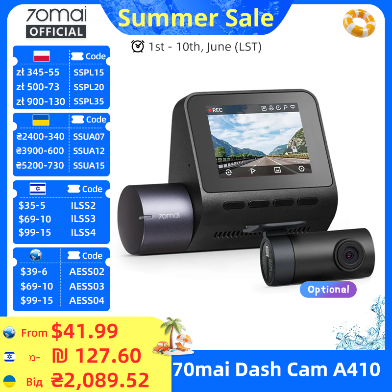  70mai Dash Cam A410 Front 1440P Rear 1080P Car DVR Upgraded Ver. of 70mai A400 Car Recorder 24H Parking Mode Support Max 256GB 