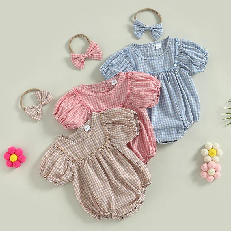 

Toddler Infant Baby Girls Summer Clothing Set Short Puff Sleeve Plaid Print Romper Jumpsuit with Bow Headband Outfit