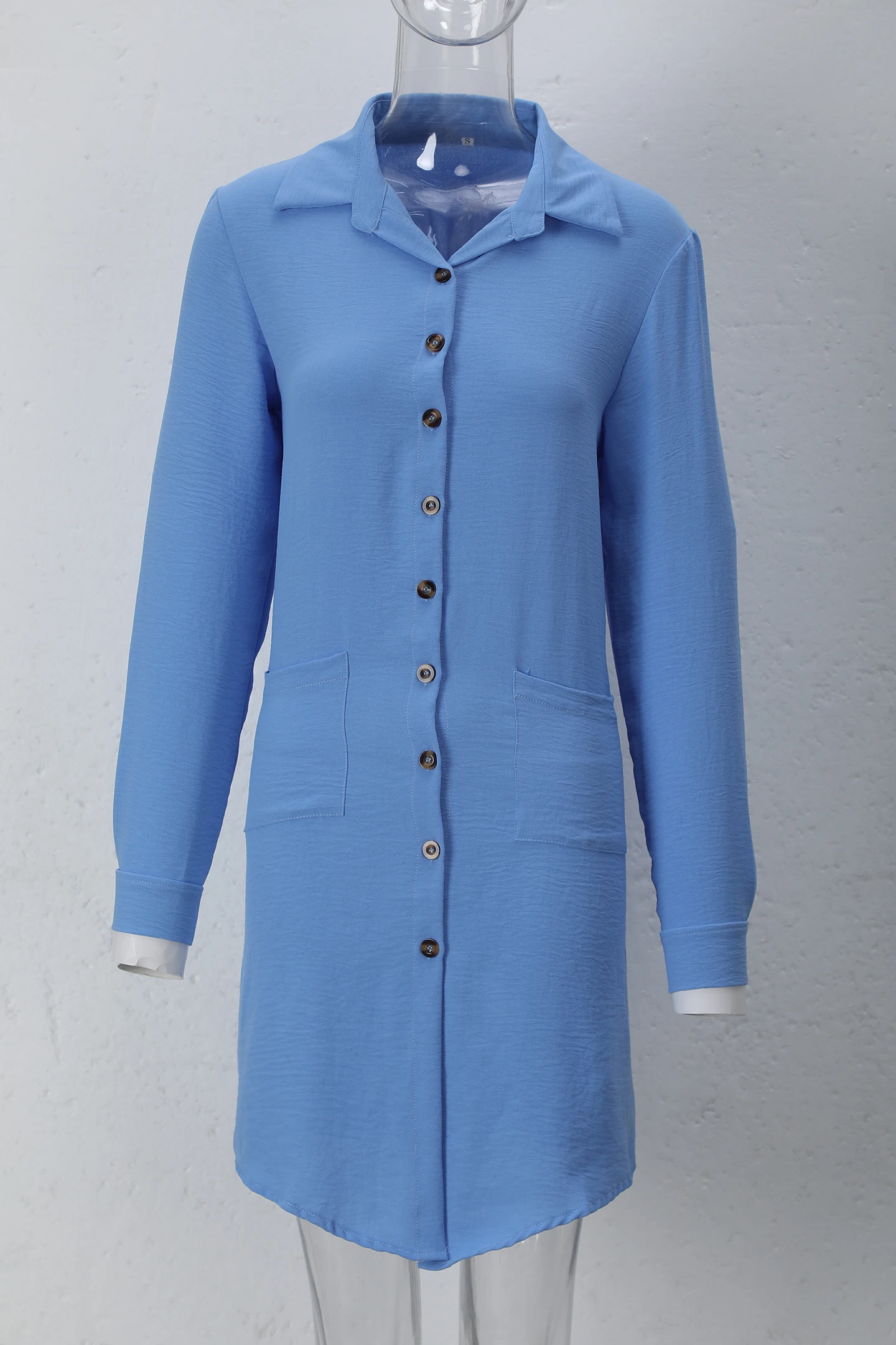 Frühling Sommer Damen Hemdkleid mit Umlegekragen, Locker Geschnittenes Übergroßes Midi-Kleid mit Knopfleiste und Seitentaschen, Lässiges Strandkleid – Detail 34