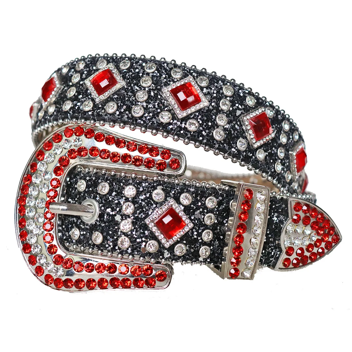 

Gold Silver Red Big AB Stones Casual Men Women Unisex Western Cowboy Rhinestone Belt Studded Diamond Leather Belt