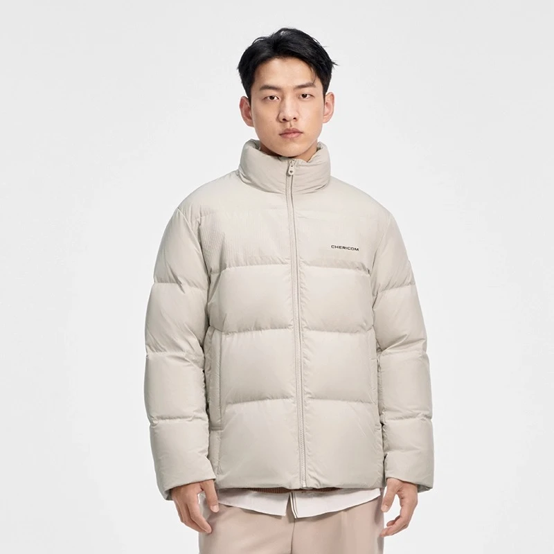 Chericom Short Down Jacket with Stand Collar Duck Down Fill Zip Front Elastic Windproof Cuffs Thermal Insulation Coat Y309670Y