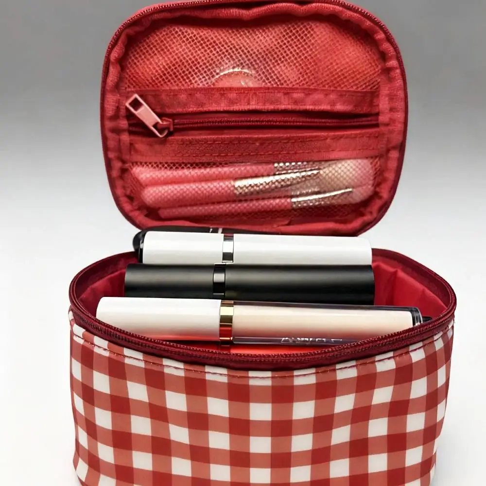 

Simple Oxford Cloth Red Plaid Makeup Bag Waterproof Large Capacity Toiletry Organizer Bag Multifunctional Toiletry Bag Business