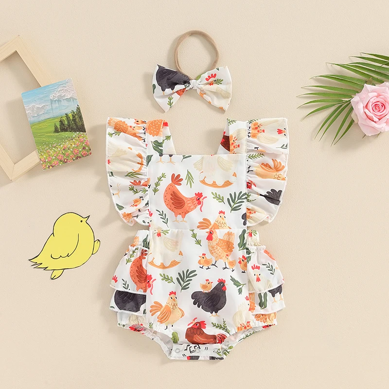 

2024-02-26 Lioraitiin Newborn Baby Girl Outfit Fly Sleeve Chicken Print Sleeveless Romper with Bowknot Hairband Summer Clothes