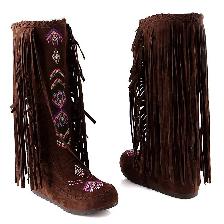 

ORCHALISA Fashion Nation Flock Leather Women Fringe Flat Heels Long Boots Spring Autumn Tassel Knee High Boots