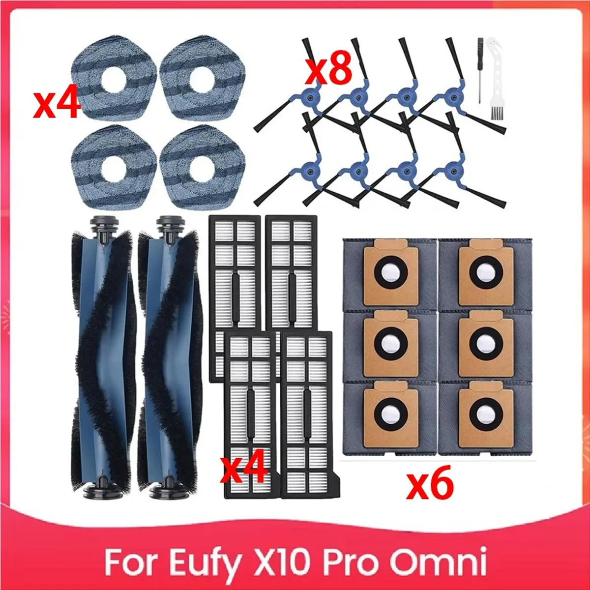 

Для X10 Pro Omni: 2 основные щетки, 4 салфетки для мытья полов, 8 боковых щеток, 4 HEPA-фильтра, 6 сменных пылесборников. [BWASCLIM]
