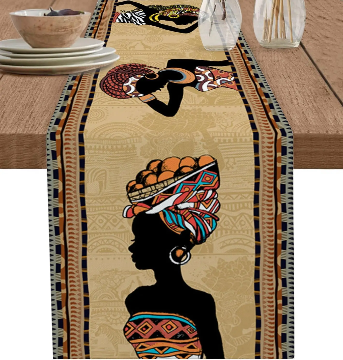 

Traditional Tribal Brown African Woman Linen Table Runners Dresser Scarf Decor Washable Dining Table Runners Home Decorations