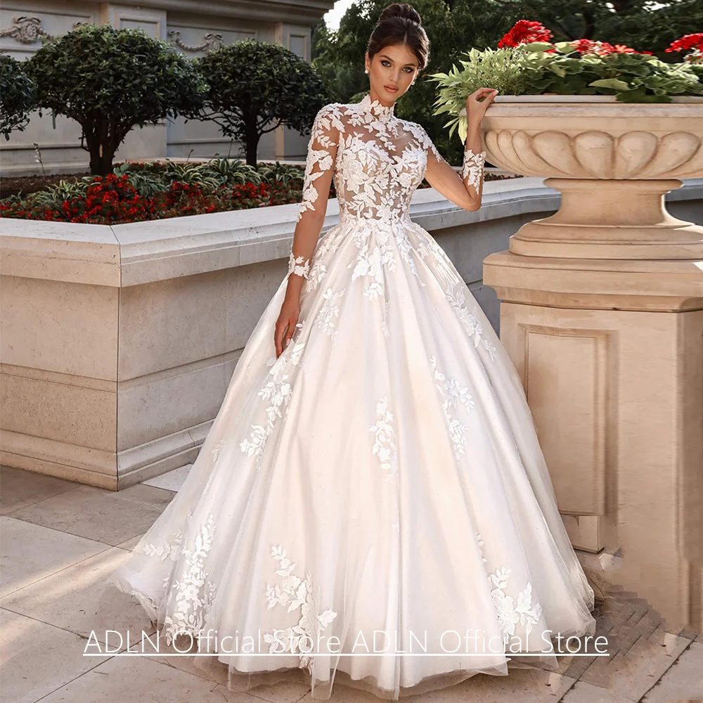 Maßgeschneidertes arabisches Hochzeitskleid mit Stehkragen und langen Ärmeln, durchsichtiger Spitzenapplikation, Sweep-Zug, Vestidos De Novia Brautkleid