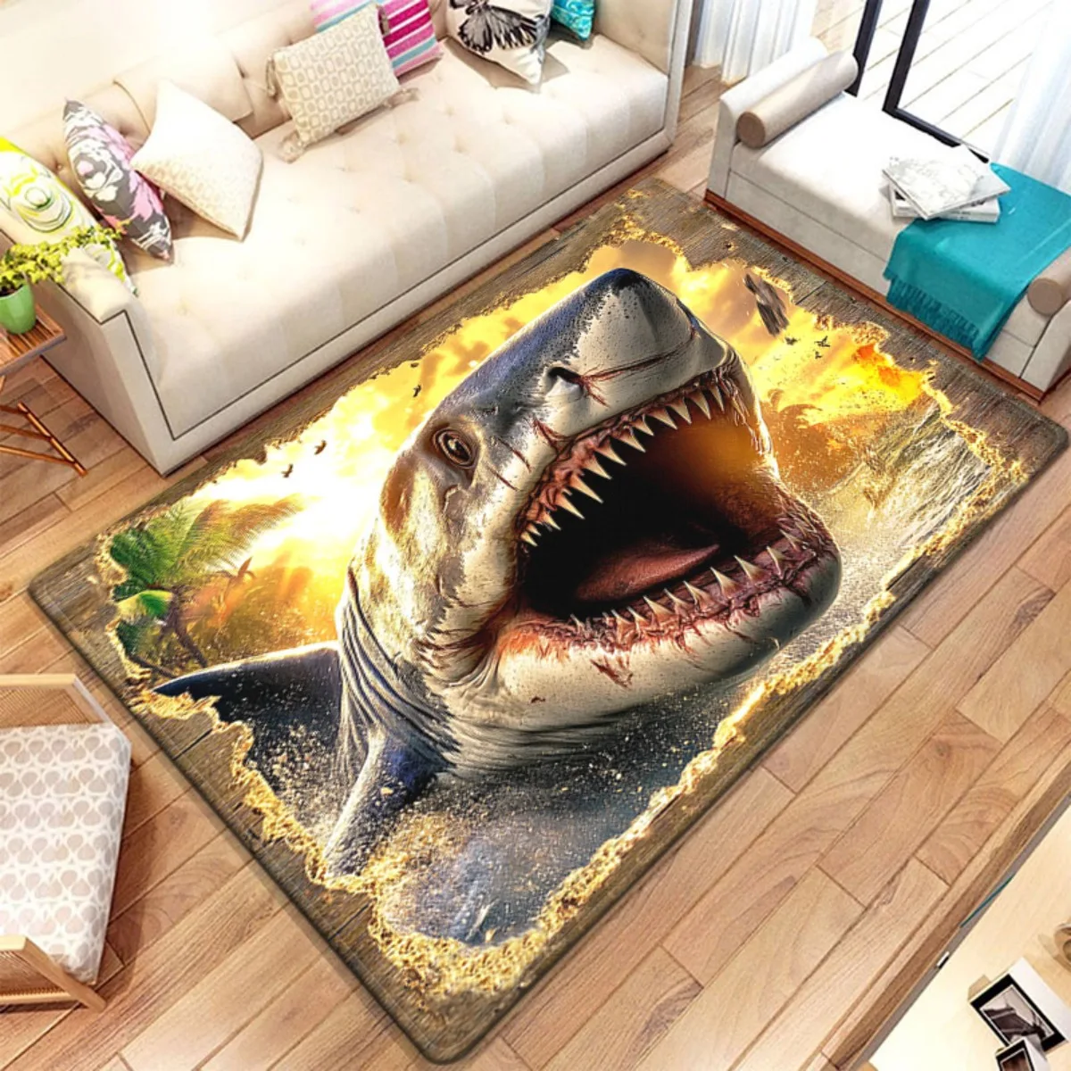 3D Shark Rug Flannel Soft Kids Carpet Fire Print Bedroom Kitchen Floor Mat Anti Slip