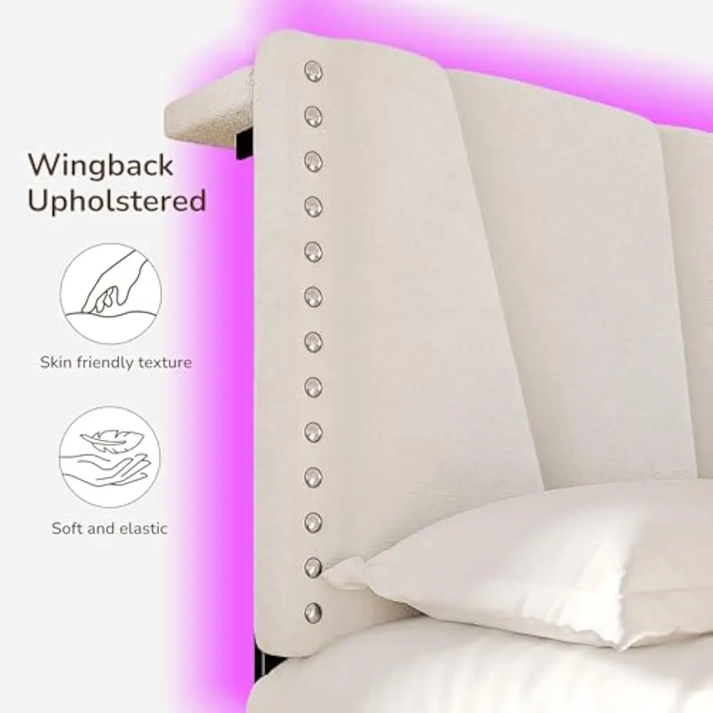LED Bed Frame, Velvet Storage Headboard with Charging Station, Easy Assembly Bed Frame w/Sturdy Wooden Slats Support, Noise-Free image 4