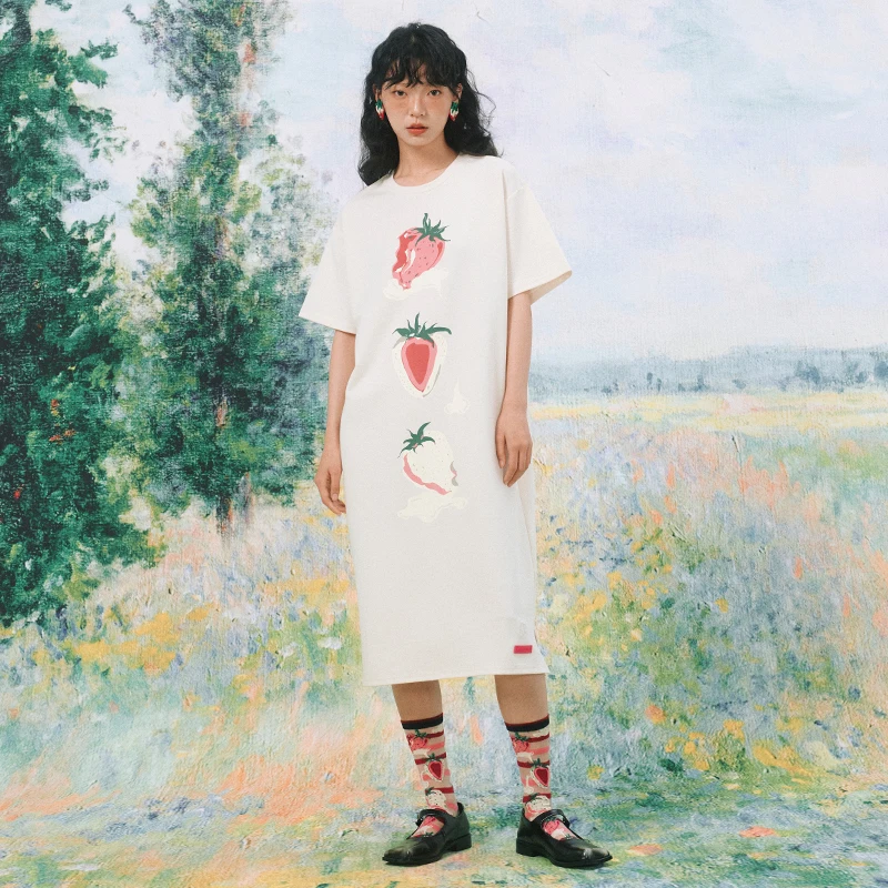 

Original Retro Cream Strawberry Print Midi Dress Short Sleeve Casual Loose Waist Elastic Knitted Cotton Polyester Blend Summe...