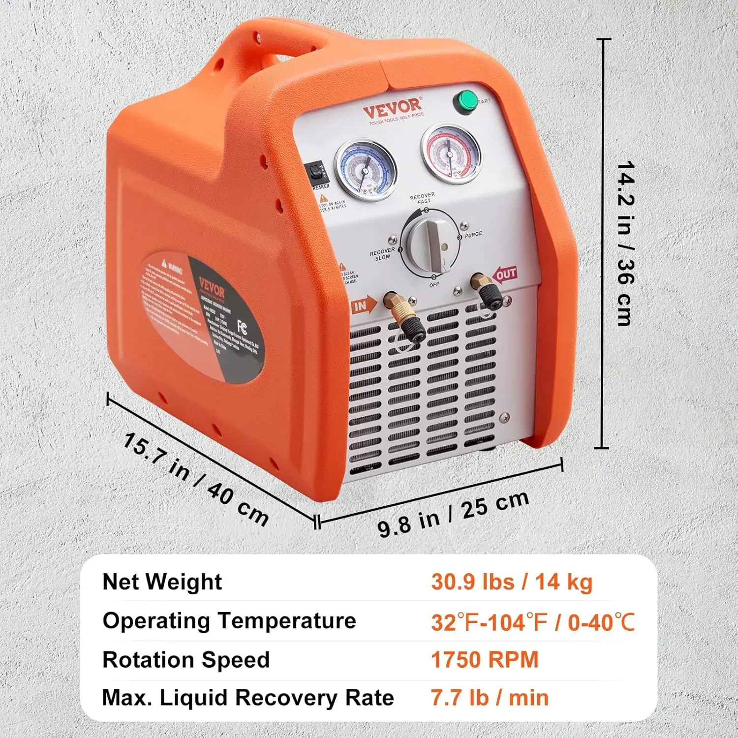 1 HP Refrigerant Recovery Machine - High Pressure Protection 120V 60Hz Recovery Machine HVAC for Vapor Liquid Refrigerant