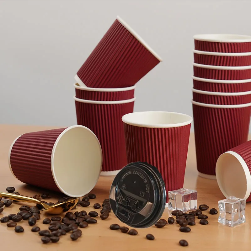 45pcs 8oz  Double-Walled Insulated Corrugated Cardboard Coffee Cups Thickened Disposable Striped Portable Paper Cups With Lids - Image 2