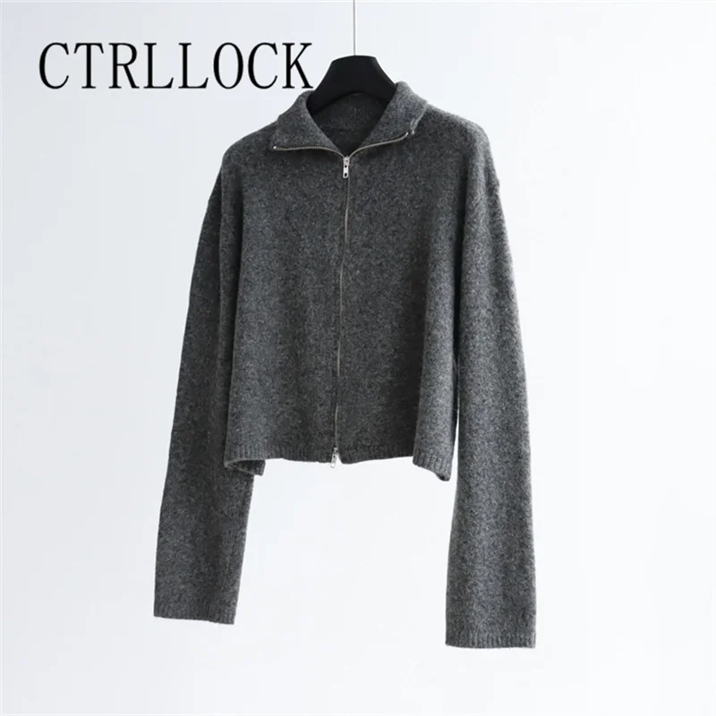 Solid Color Double Zipper Stand-up Collar Knitted Sweater Basic Cardigan Loose Women Long Sleeve Open Stitch Winter