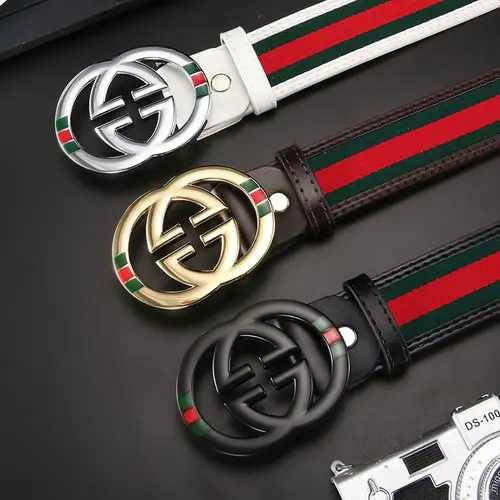 Imagen 2 del producto Cinturón para hombre con hebilla de letras y logo, diseño a rayas rojo y verde neutro, de 3.8cm, de cuero vacuno y lona duradera, moderno y a la moda, novedad 2026