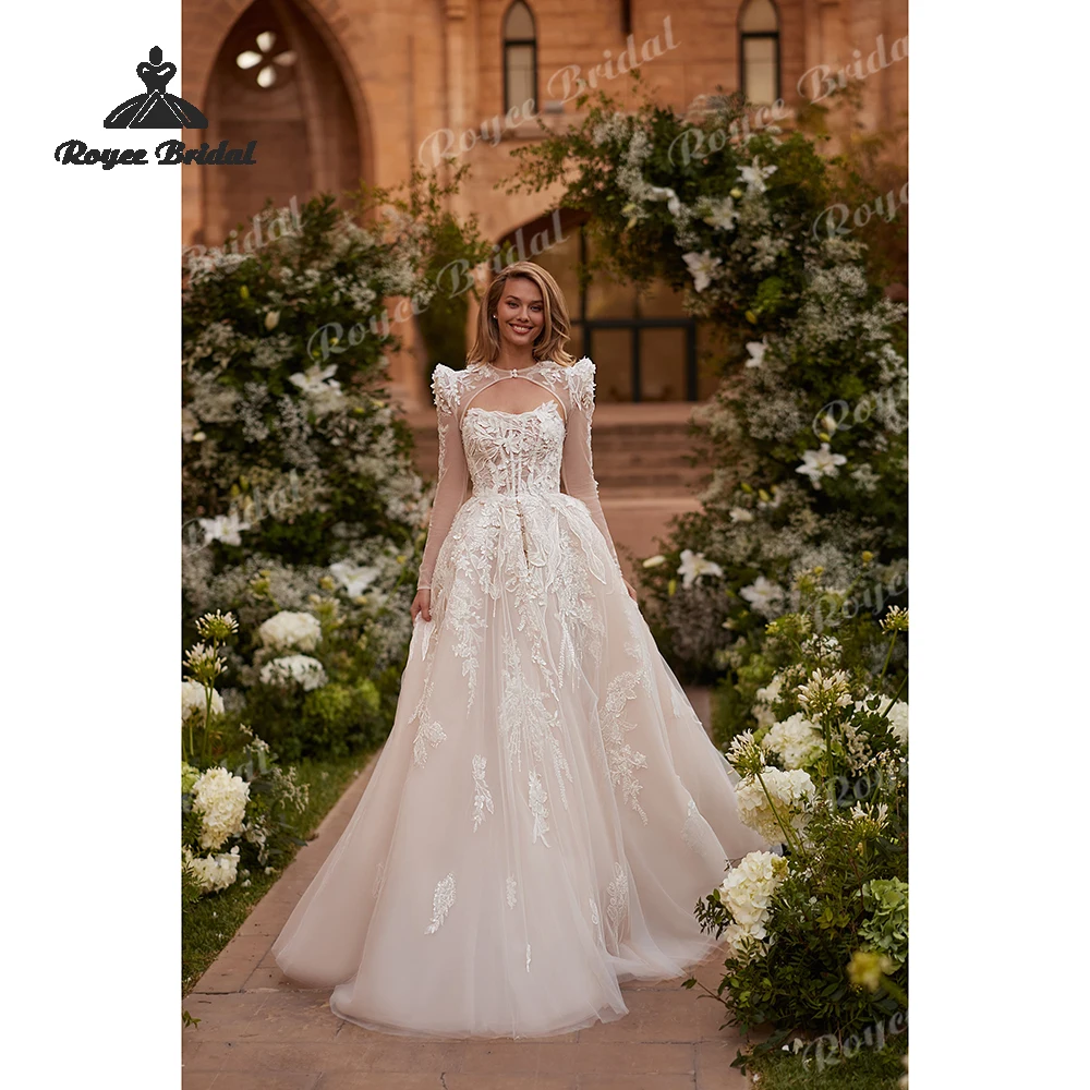 

Beading Sequins A Line Wedding Dresses 2026 Applique Tulle Detachable Sleeves Beach Bridal Gown Custom vestido de novia