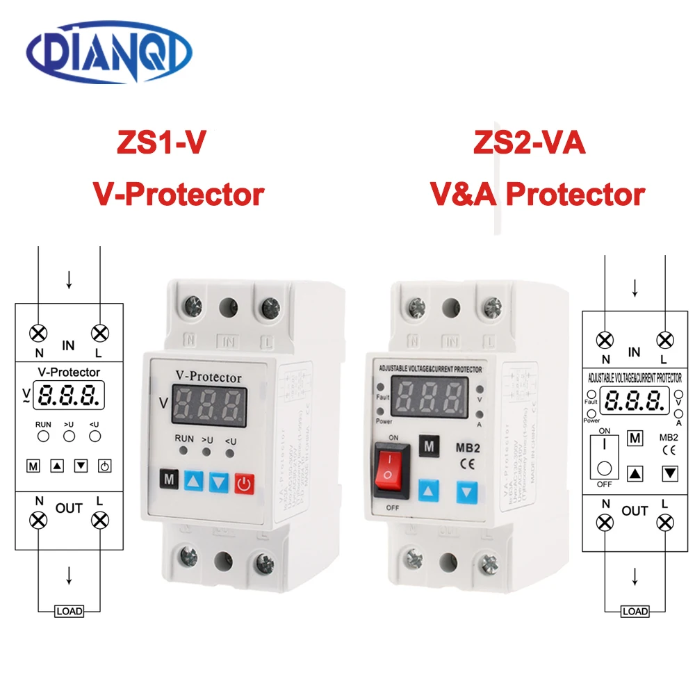 Din Rail 230V ZS1-V V-Protector ZS2-VA Adjustable Voltage and Current Protective Device Protector Relay 40A 63A