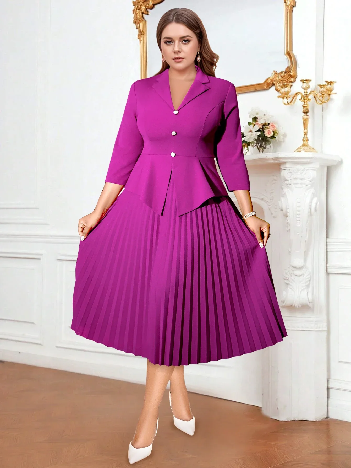 Classic Women Formal Office Work Pleated Dress Lapel 3/4 Sleeve Button Up High Waist Elegant A-Line Work Daily Clothing 2025 New